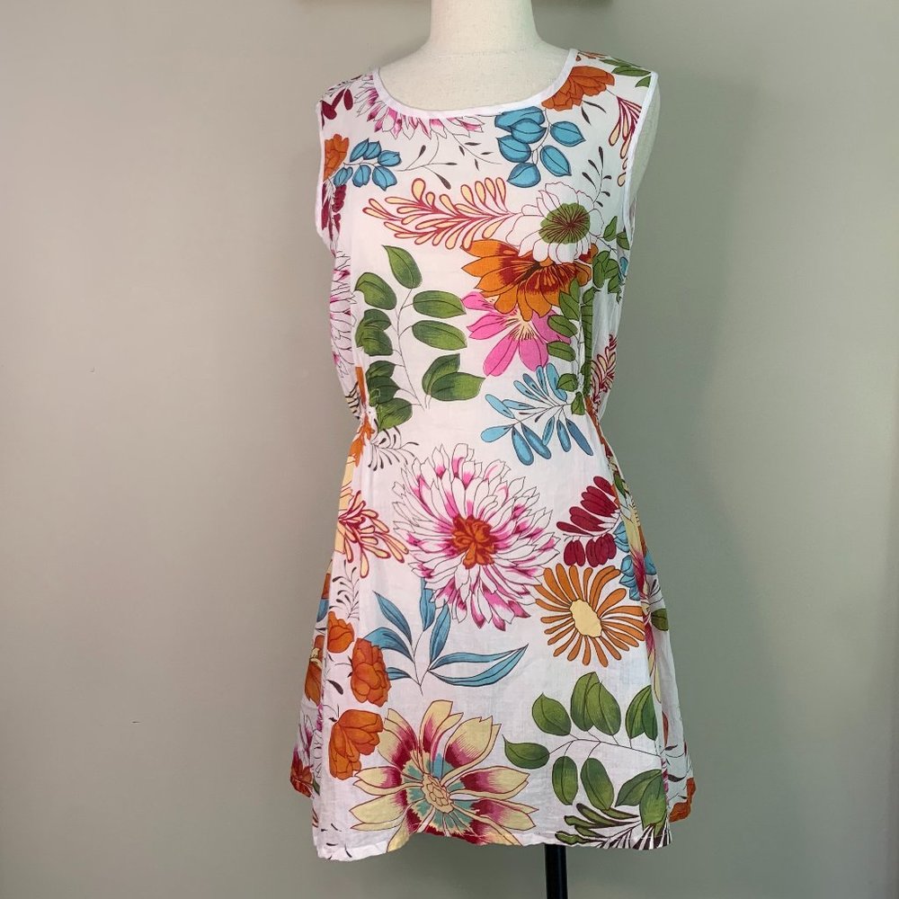 Sheer White with Bright Floral All Over Patterned Swimsuit Cover-Up Dress‎